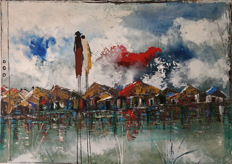 Ganvie by Gabriel Eklou, acrylic on canvas