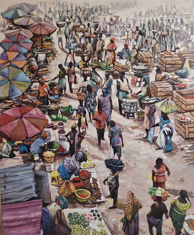 Street Hawker II by Godwin Adjei Sowah, acrylic on canvas