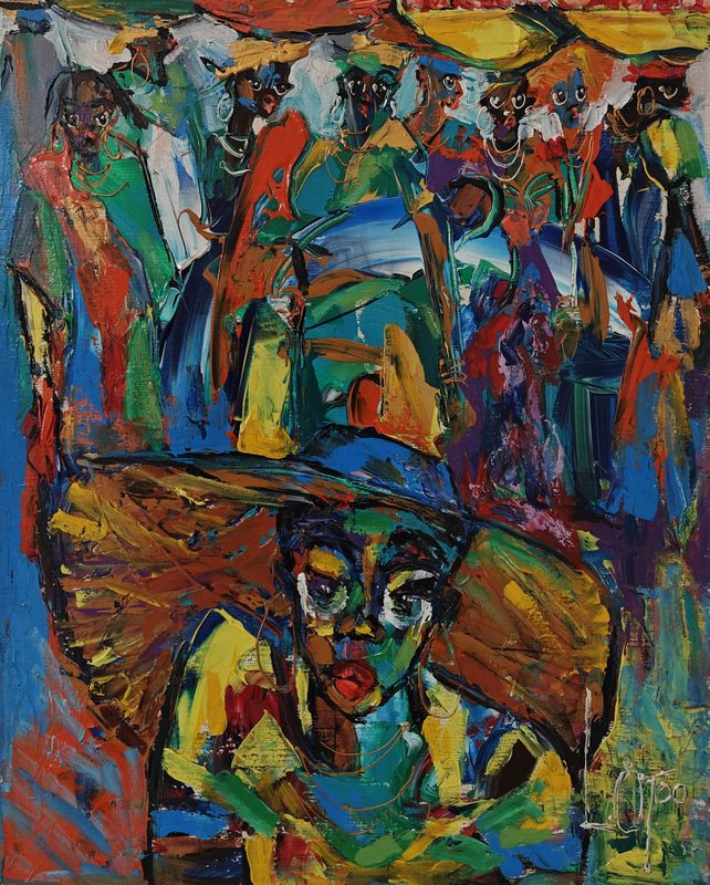 Straw Hat Lady by Larry Otoo, acrylic on canvas